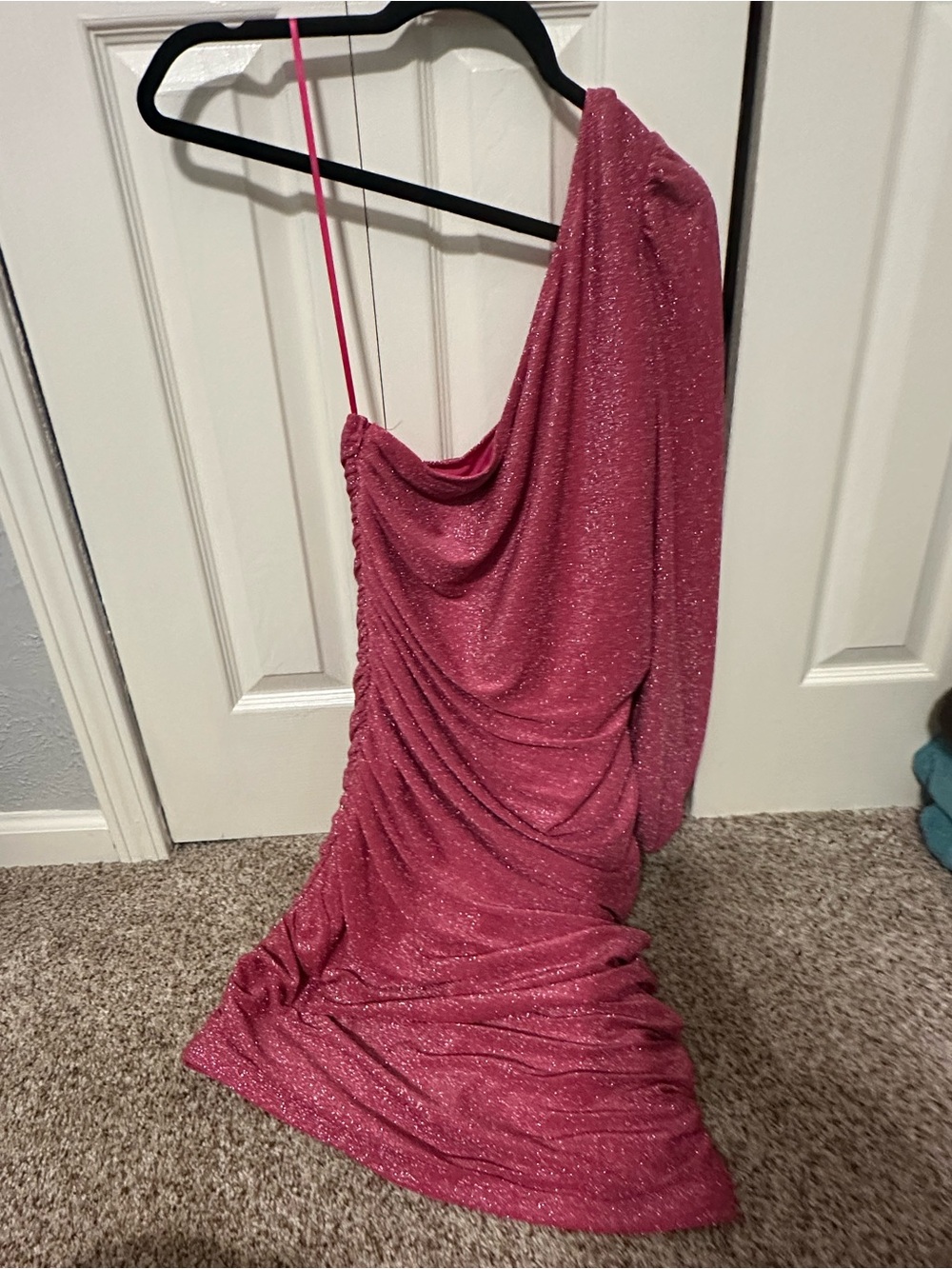 One-Shoulder Ruched Sparkle Dress in Rose Pink